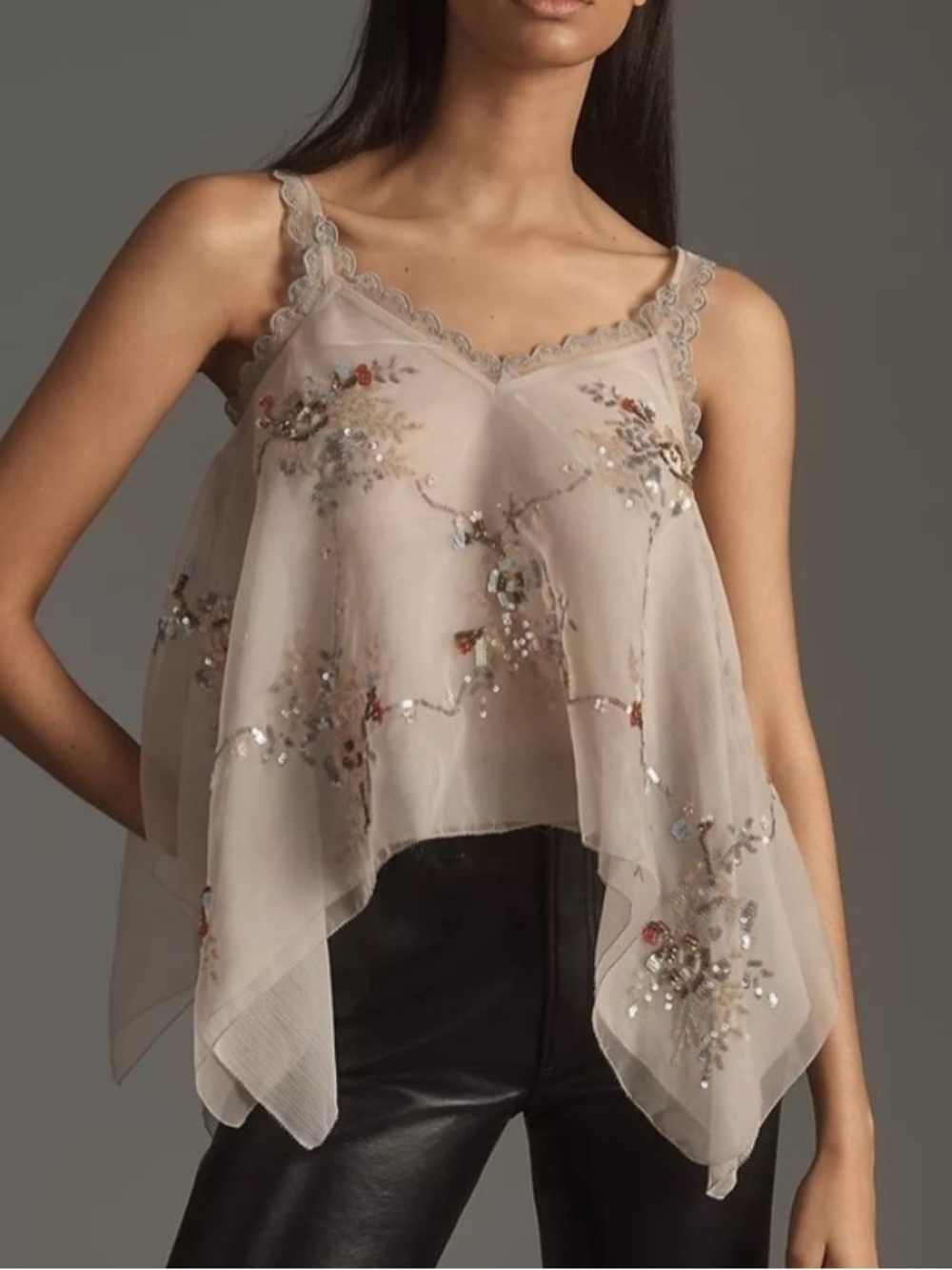 Anthropologie Let Me Be Sequin Embroidered Hankie Hem Top